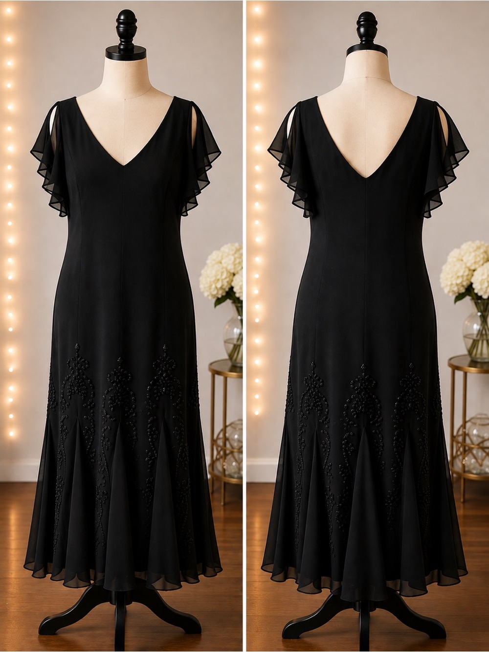 dressbarn Black V-Neck Maxi Dress with Beaded Skirt